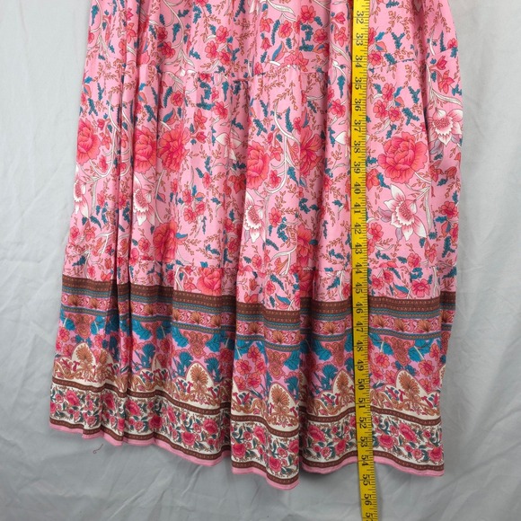 OSTOO Pink Floral Maxi Dress Smocked Bodice Puff Sleeve Boho Women L Feminine - Picture 5 of 10